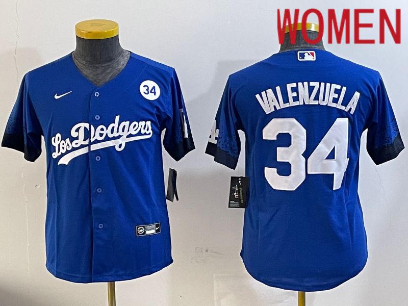 Women Los Angeles Dodgers 34 Valenzuela 2024 blue jersey 202411215